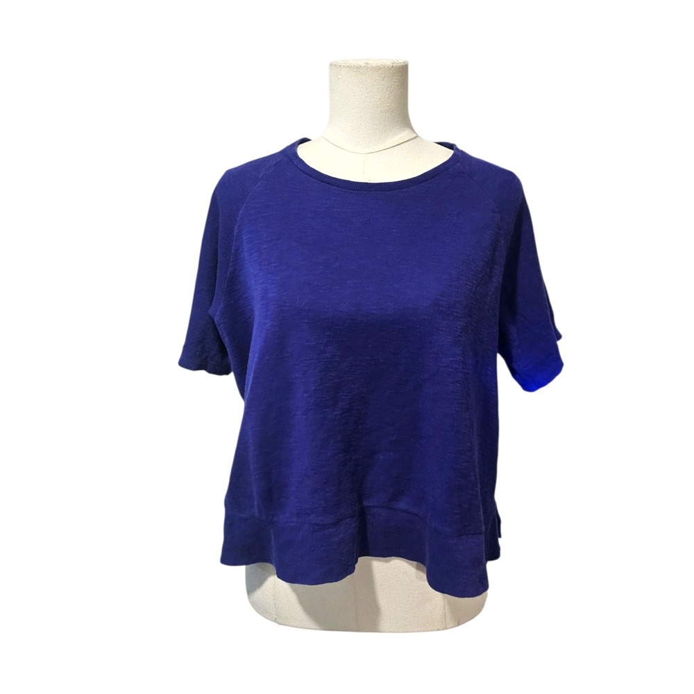 Eileen Fisher Organic Cotton Slub Knit Boxy Top Royal Blue XS Raglan Sleeve